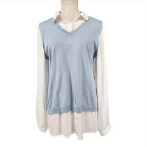 Adrianna Papell Twofer Sweater Shirt Women's M Light Blue White Collared